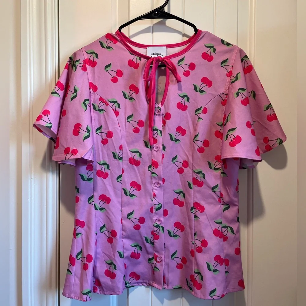 Unique Vintage Hot Pink Cherry Tie Neck Blouse 50s 60s Inspired Pinup Kawaii - Picture 3 of 7